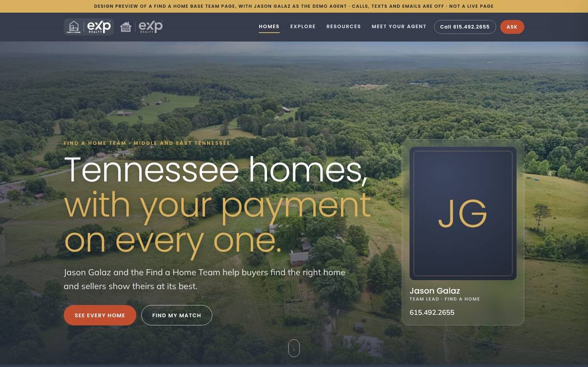 The home page of a Find a Home Base mini website