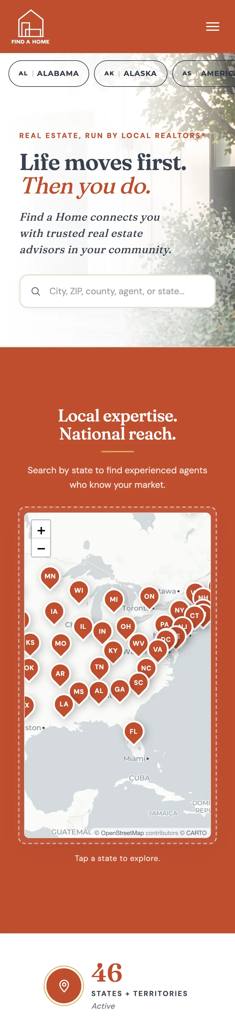 findahome.com on a phone: search by city, ZIP or agent, then a map of every state
