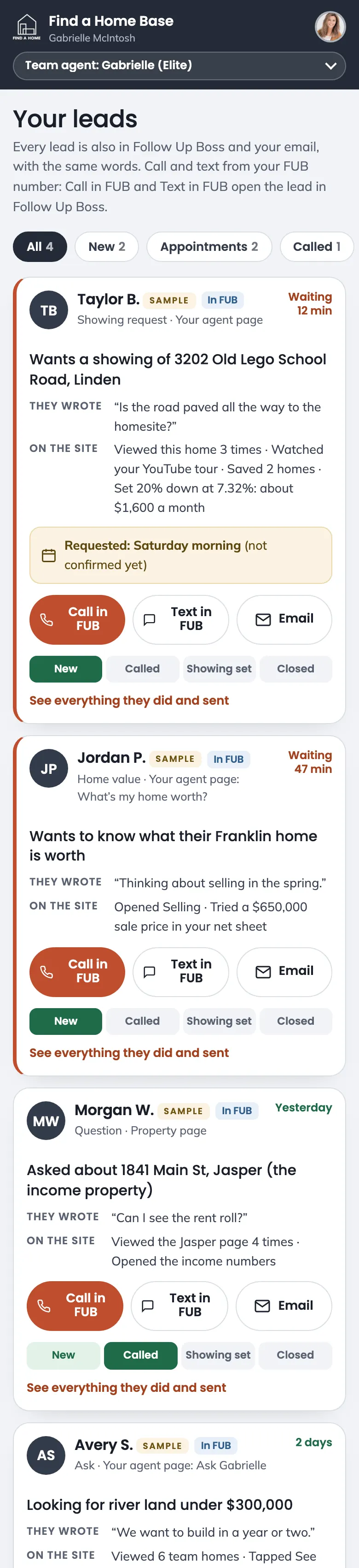 Find a Home Base on a phone: the Leads screen, each lead with what they wrote and Call, Text and Email buttons