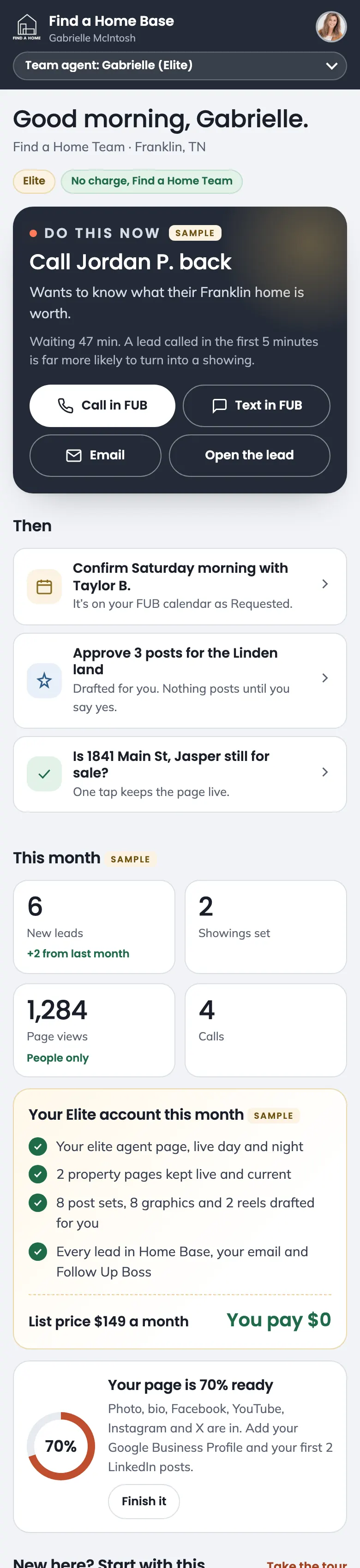 Find a Home Base on a phone: the Today screen with the one lead to call now and what comes next
